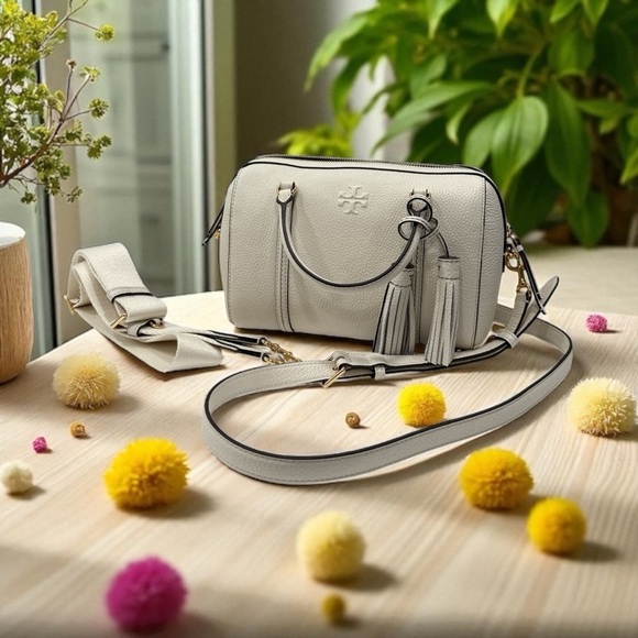 Tory Burch Thea Satchel Leather Crossbody Double Strap Handbag Ivory - Picture 4 of 8